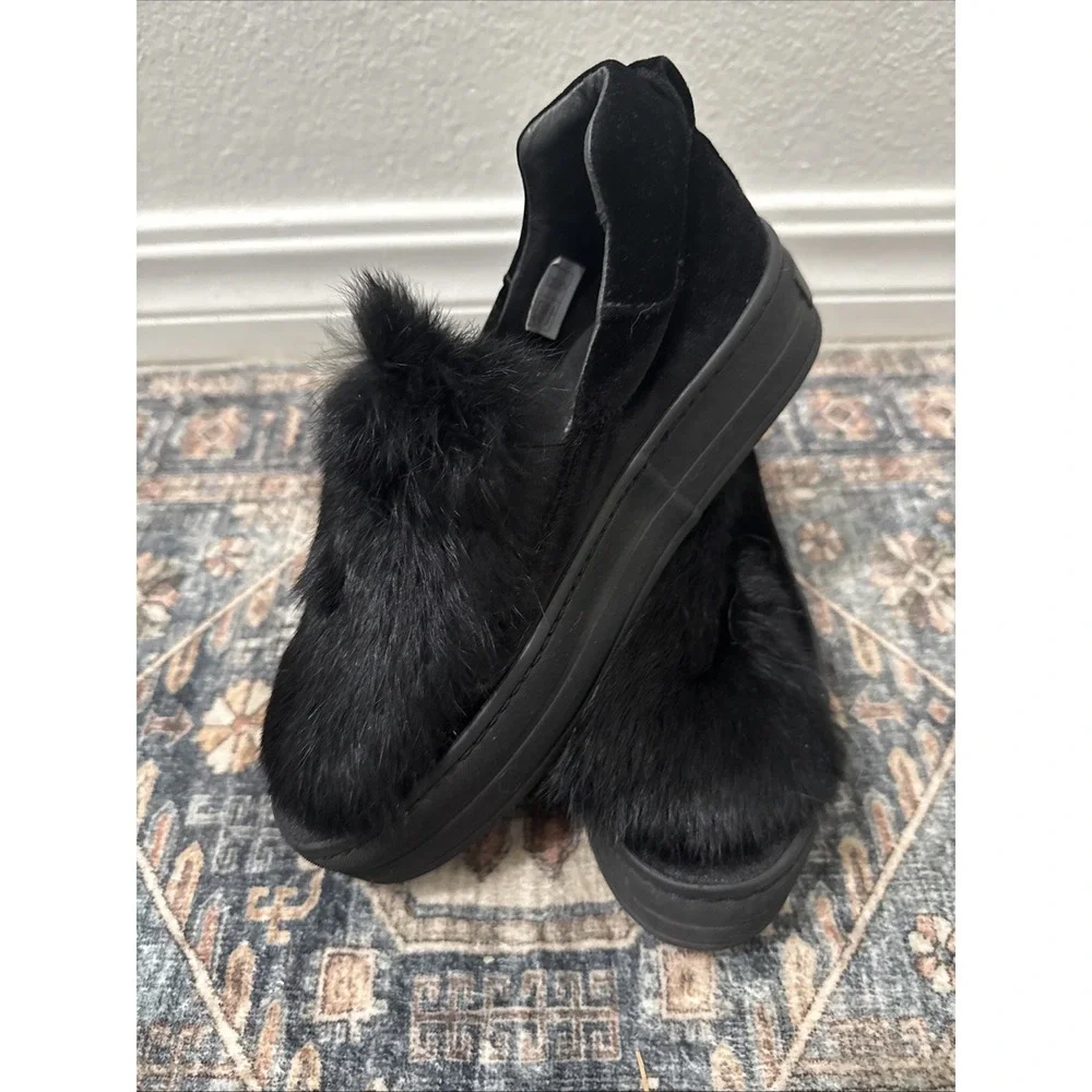 Womens 6 36 Gabriella Michel Black Velvet Rabbit Fur Platform‎ Slip On Sneaker